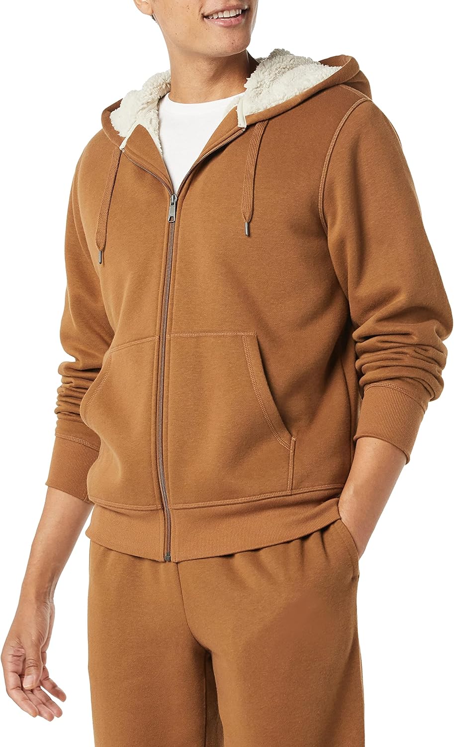 Essentials Sudadera con capucha para hombre, forro de sherpa y cierre completo de cremallera de felpa