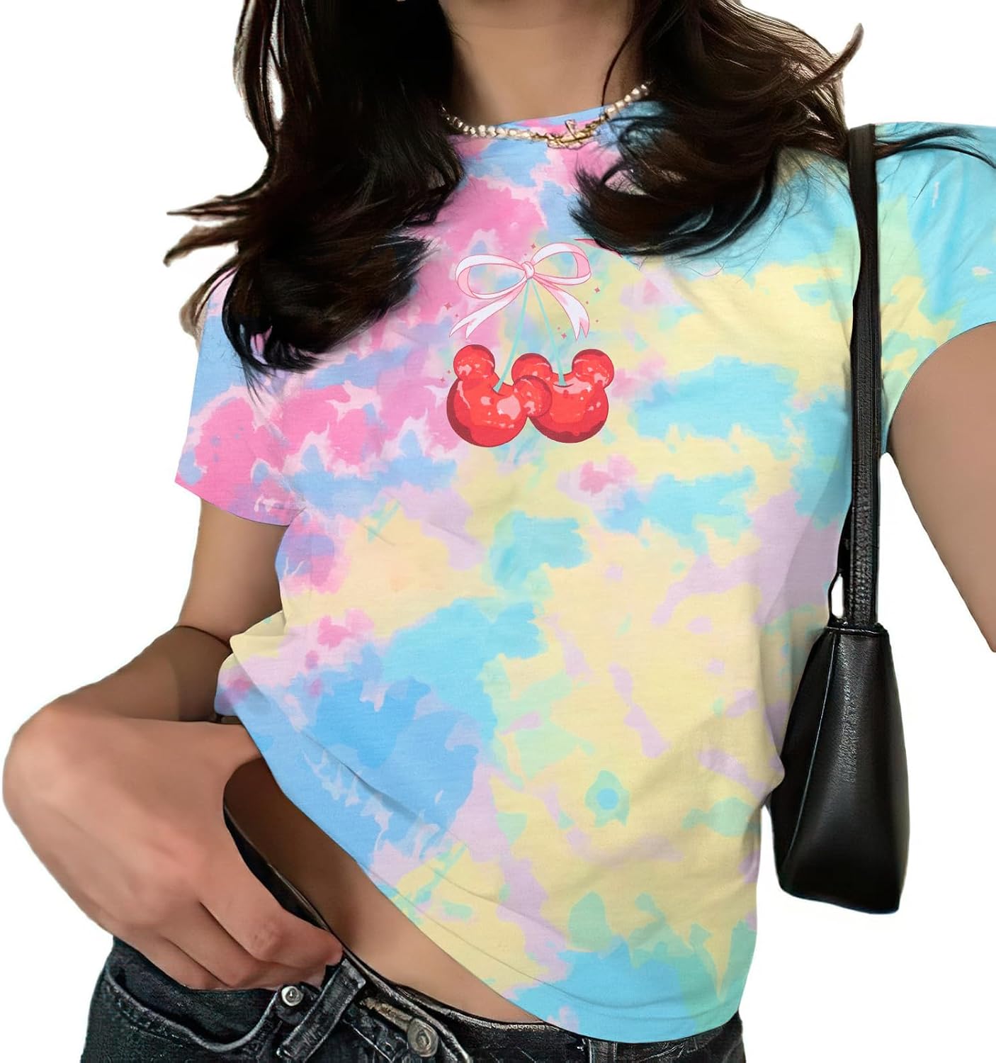 Camiseta con Lazo de Cerezas Rosa para Mujer: Blusas Coquette, Camisetas Estéticas de Chica Limpia, Camisetas Casuales de Verano de Manga Corta