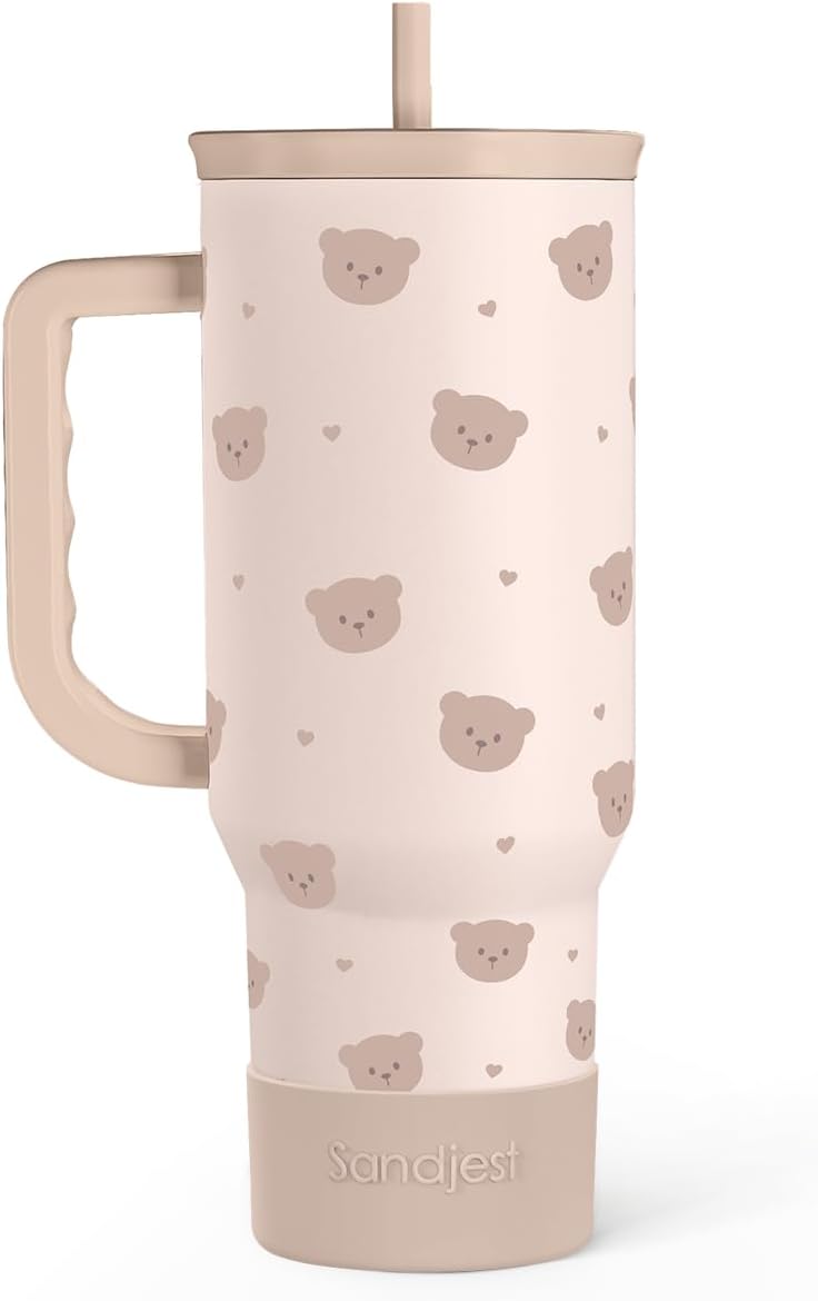 SANDJEST Vaso de 40 onzas con asa y pajilla, taza de café de viaje de acero inoxidable aislado para mujeres, niñas, amantes de la playa, idea de regalo para cumpleaños, Navidad, día de la madre, vacaciones de verano (color)