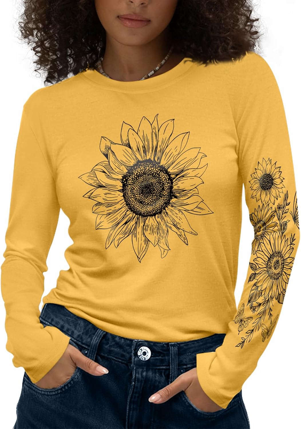 Flafens Camisetas de manga larga para mujer, cuello redondo, camisetas gráficas lindas y geniales para adolescentes y niñas