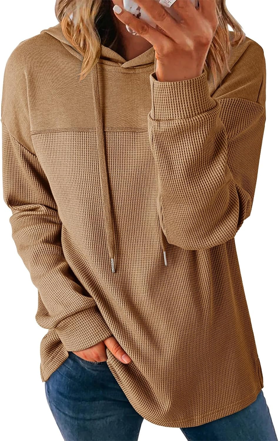 Dokotoo Sudaderas con capucha para mujer, de punto gofre, manga larga, con cordón, ligeras, con capucha