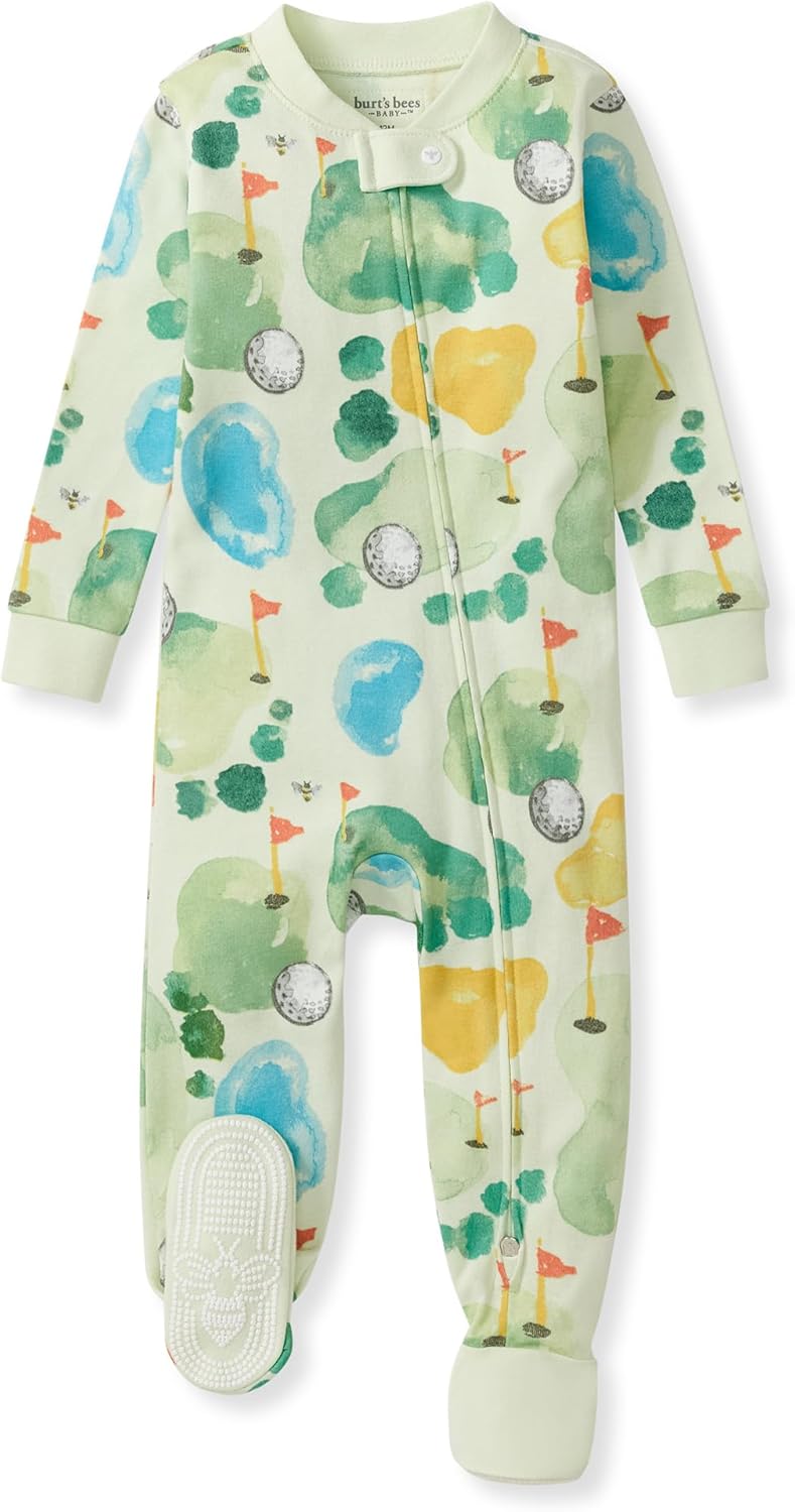 Burt's Bees Baby Pijama de algodón orgánico para niños, ajuste cómodo con pies | Convenient 2-way zip front sleeper pajama is equipped with non-slip bee grips for active littles on the move