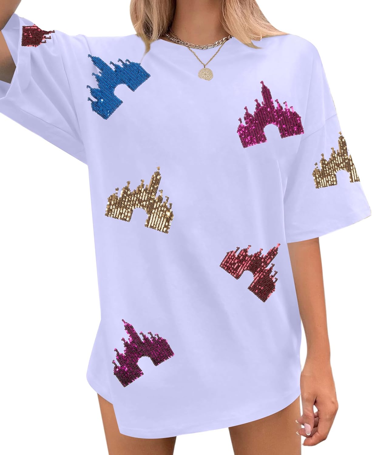 Camisas del Reino Mágico para Mujer, Top de Lentejuelas, Camiseta Gráfica de Castillo Colorido, Camiseta Divertida y Linda para Vacaciones Festivas