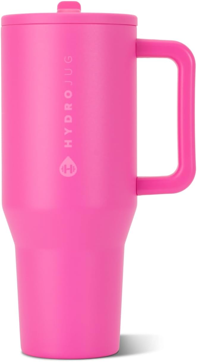 HydroJug Traveler - Botella de agua 32 oz con asa y pajilla abatible, apto para soporte para vasos, resistente a fugas, reutilizable, aislado, acero inoxidable y base de goma, unisex, rosado arena