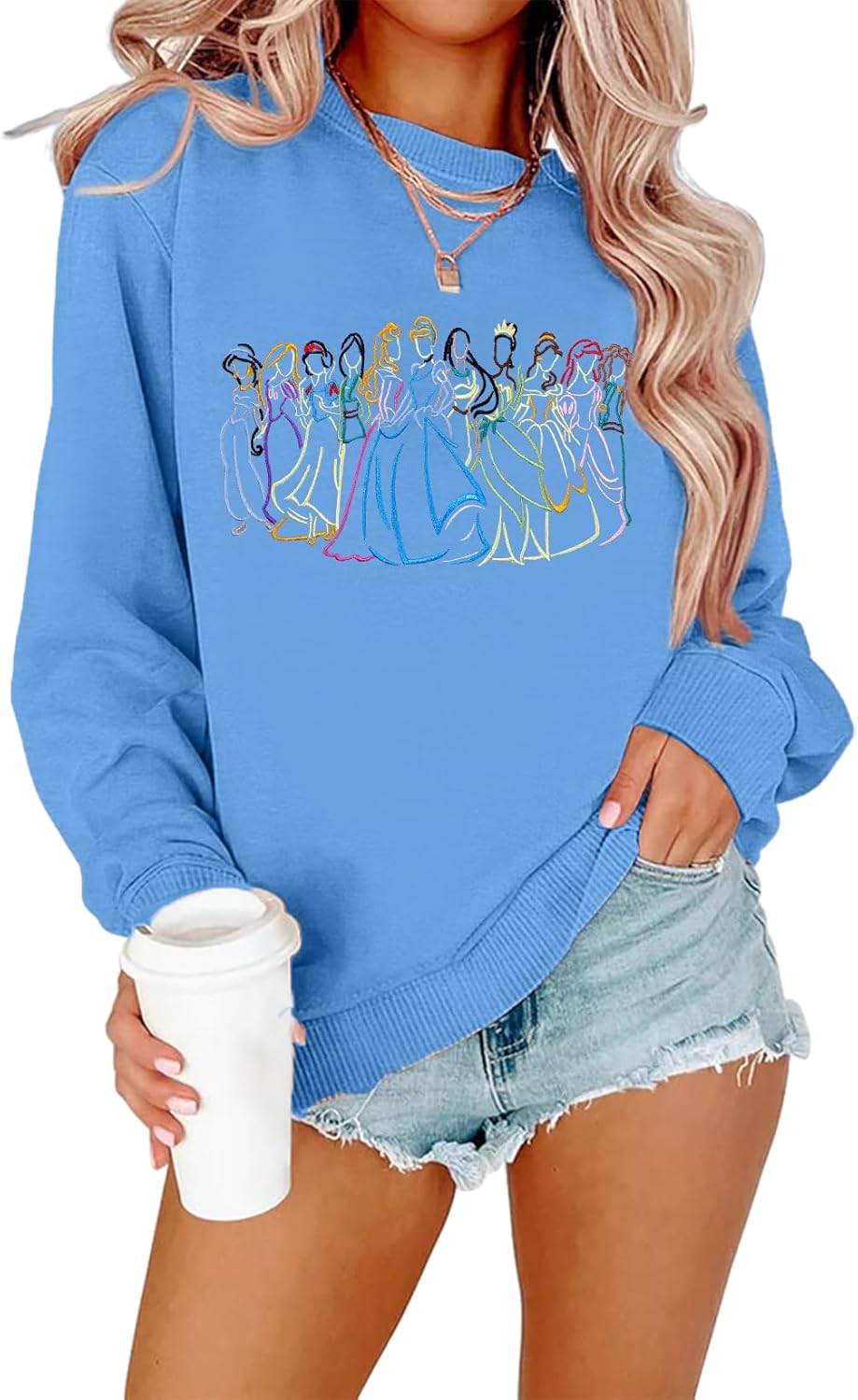 BANGELY Sudadera mágica para mujer, lindo suéter de princesa mágica bordado, camisa de vacaciones para la familia, camiseta casual de manga larga