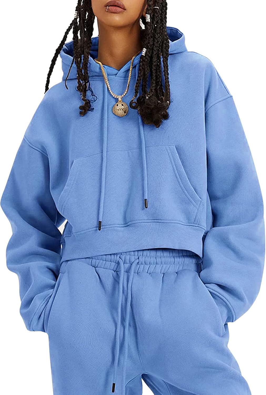 Flygo Conjunto deportivo de 2 piezas de forro polar para mujer, sudadera corta, sudadera y pantalones deportivos