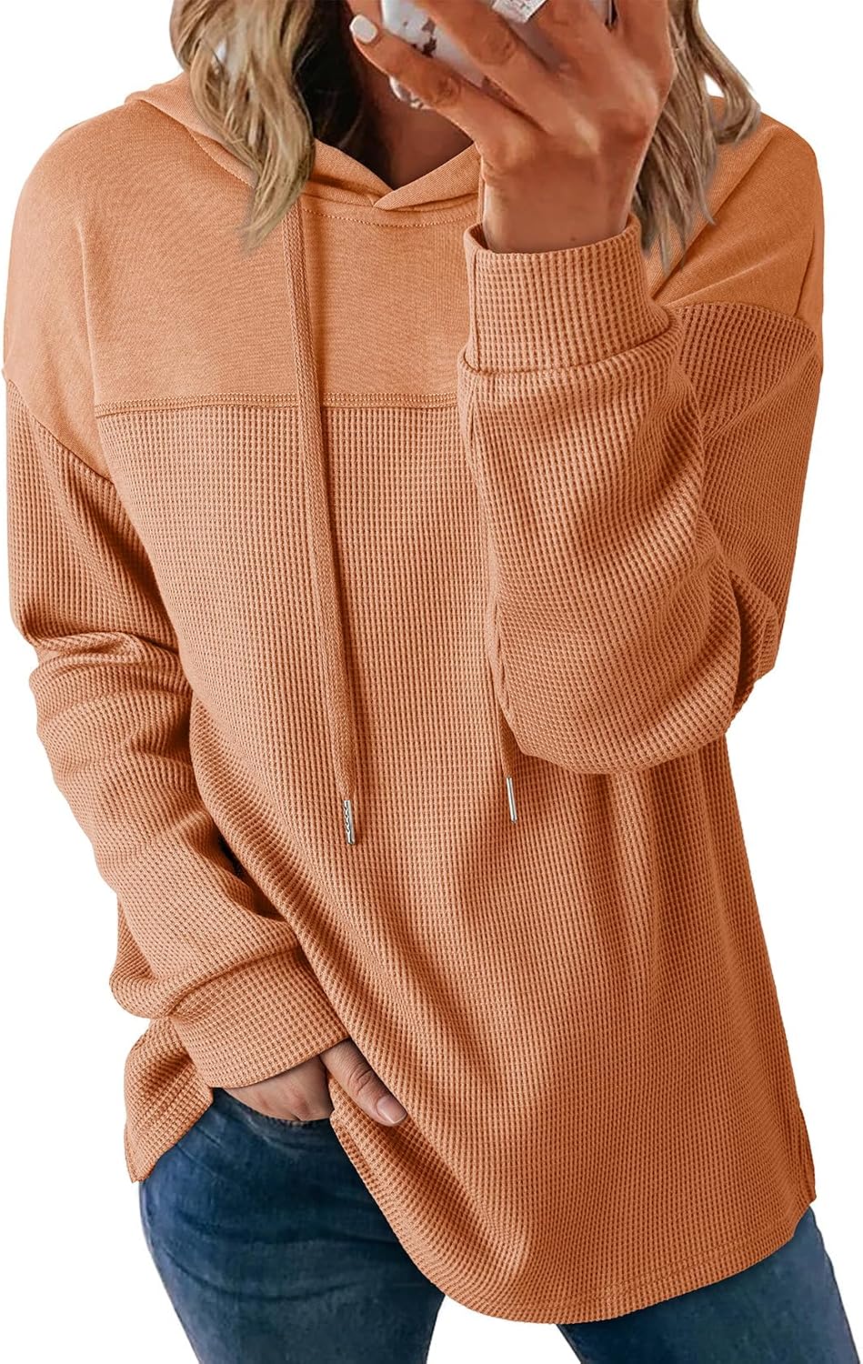 Dokotoo Sudaderas con capucha para mujer, de punto gofre, manga larga, con cordón, ligeras, con capucha