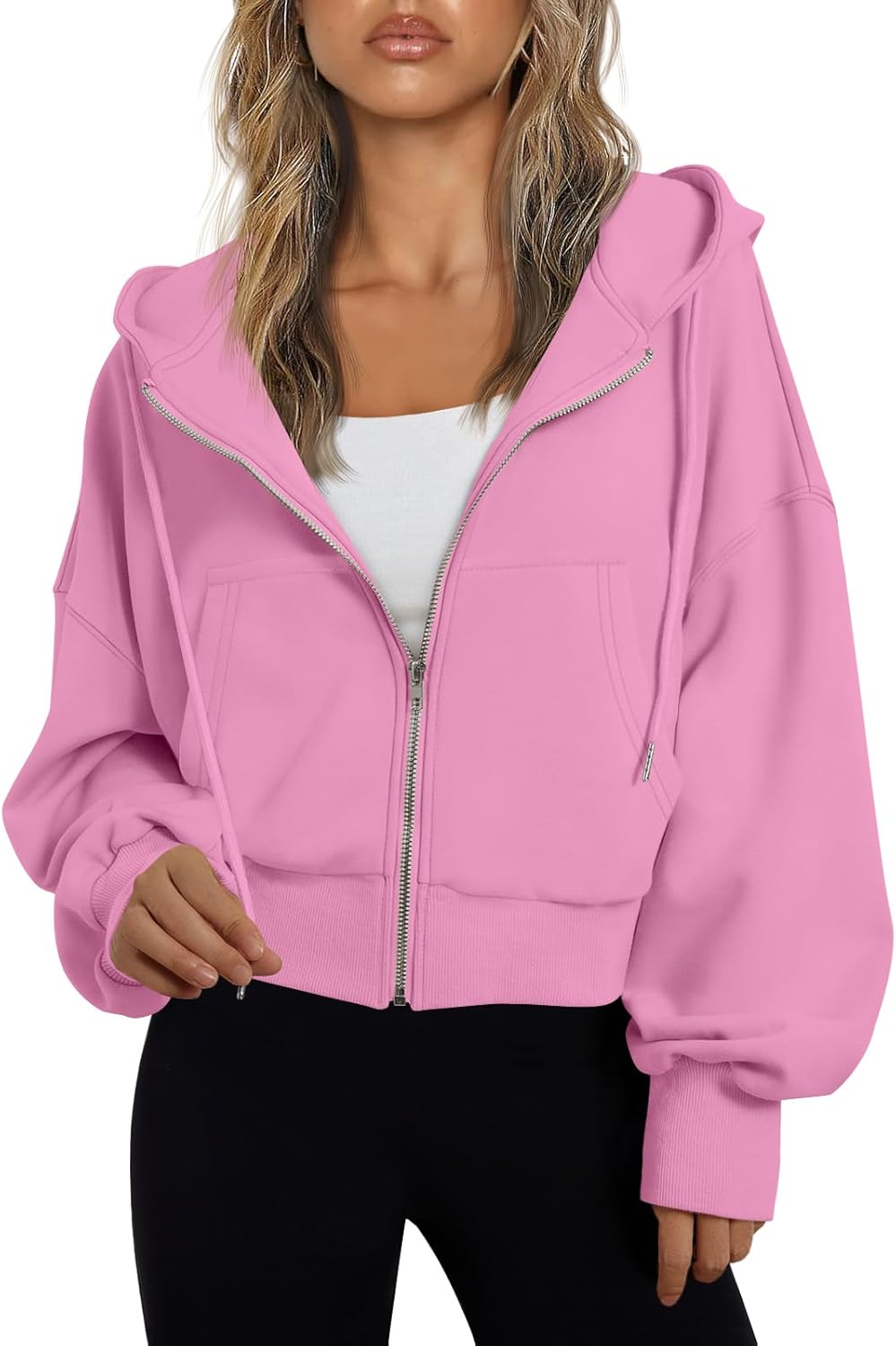Trendy Queen Sudadera con capucha y cremallera para mujer, ligera, con hombros caídos, chaqueta atlética casual