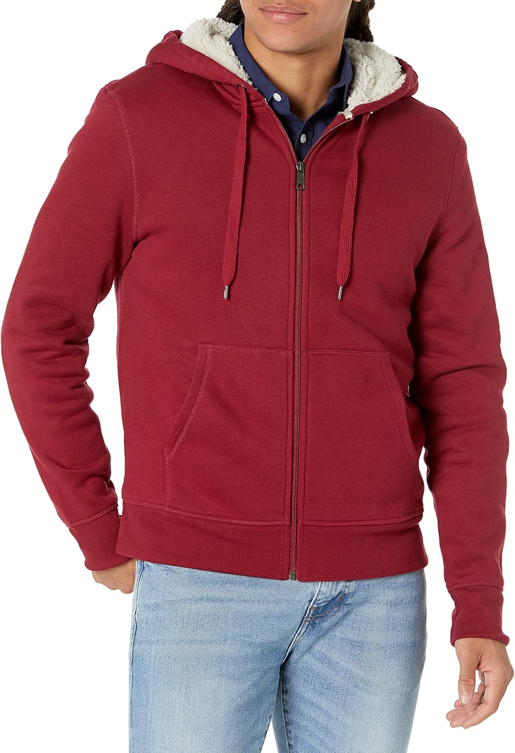 Essentials Sudadera con capucha para hombre, forro de sherpa y cierre completo de cremallera de felpa
