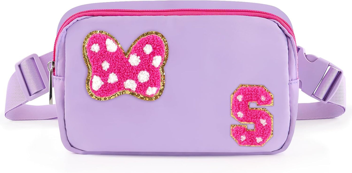 Riñonera con Lazo de Letra Inicial de Chenilla, Bolsa Cruzada Impermeable para Parque, Regalos de Navidad y Cumpleaños para Niñas Adolescentes, Hijas, Mujeres, Niños, Adultos, Linda Bolsa de Cinturón