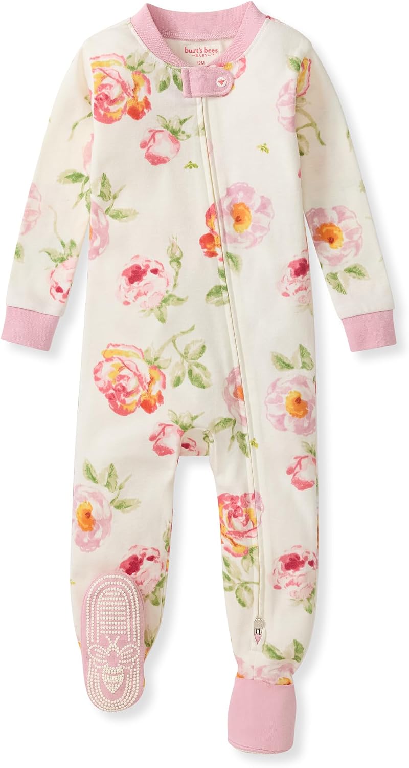 Burt's Bees Baby Pijama para niñas, 100% algodón orgánico, pijama de una pieza, overol con cremallera diagonal, ajuste cómodo