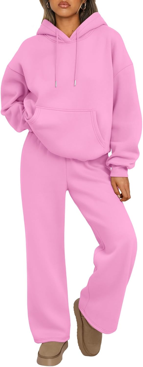 Trendy Queen Conjunto de dos piezas para mujer, ropa de descanso de otoño, conjuntos de moda con sudadera holgada y pantalones de pierna ancha, ropa de invierno | Oversized Drawstring Hoodies&Wide Leg Sweatpants Outfits