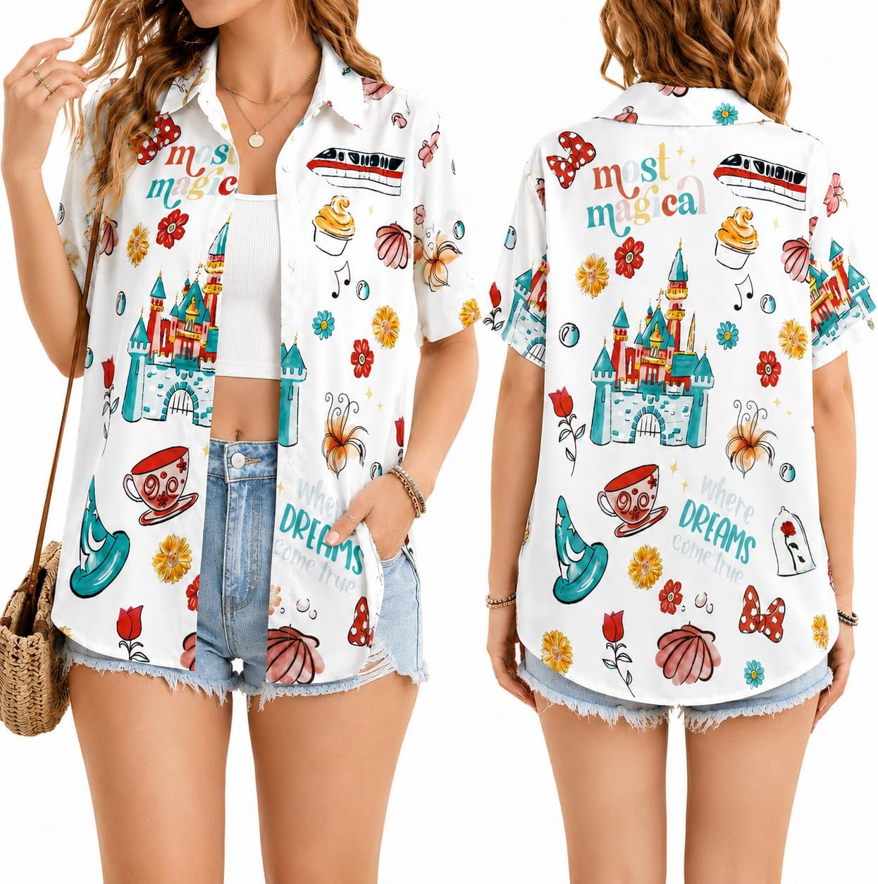 VILOVE Camisa mágica para mujer, camisas hawaianas mágicas de princesa, camiseta divertida con estampado de castillo, para vacaciones familiares, camisetas con botones