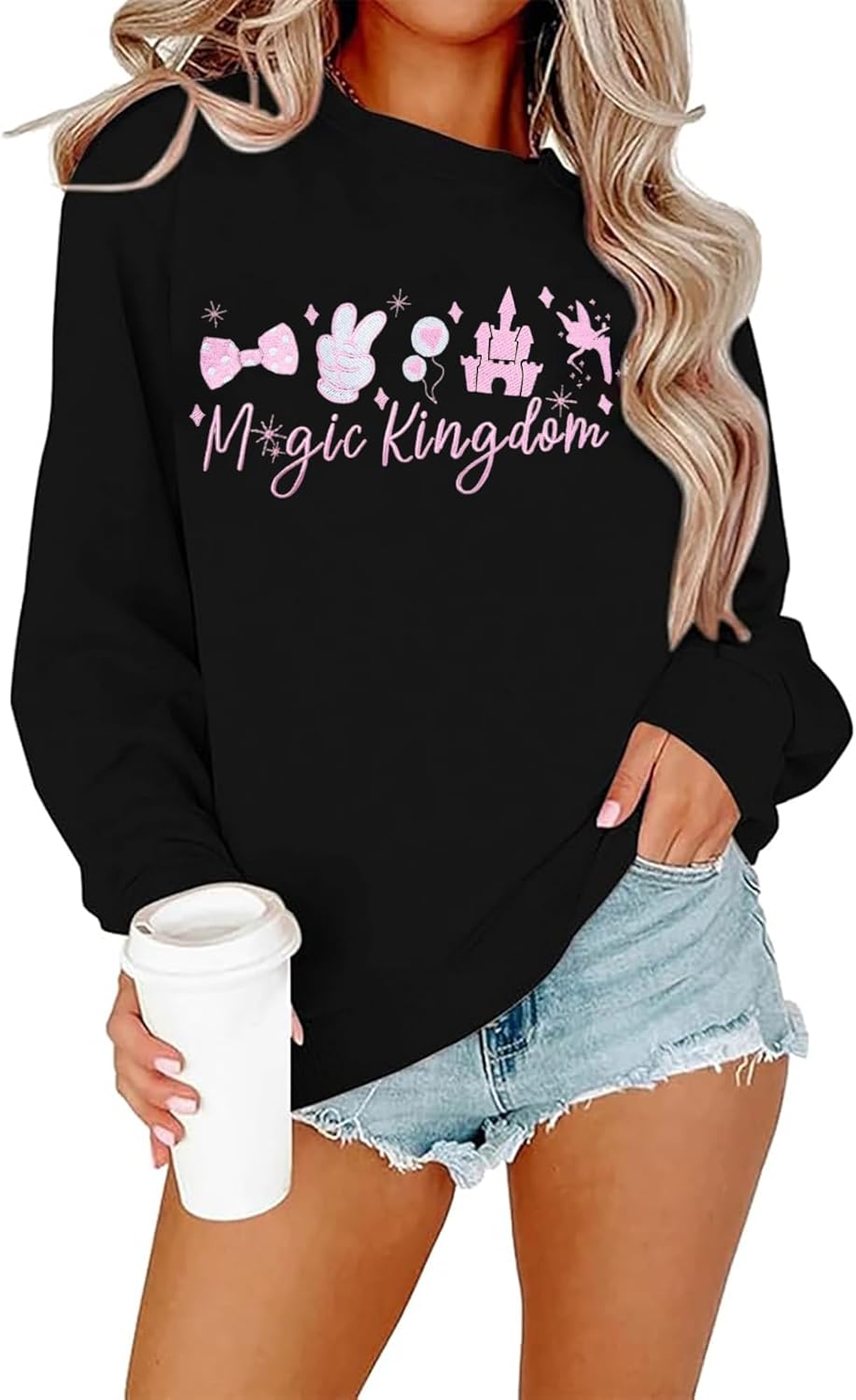 BANGELY Sudadera mágica para mujer, lindo suéter de princesa mágica bordado, camisa de vacaciones para la familia, camiseta casual de manga larga