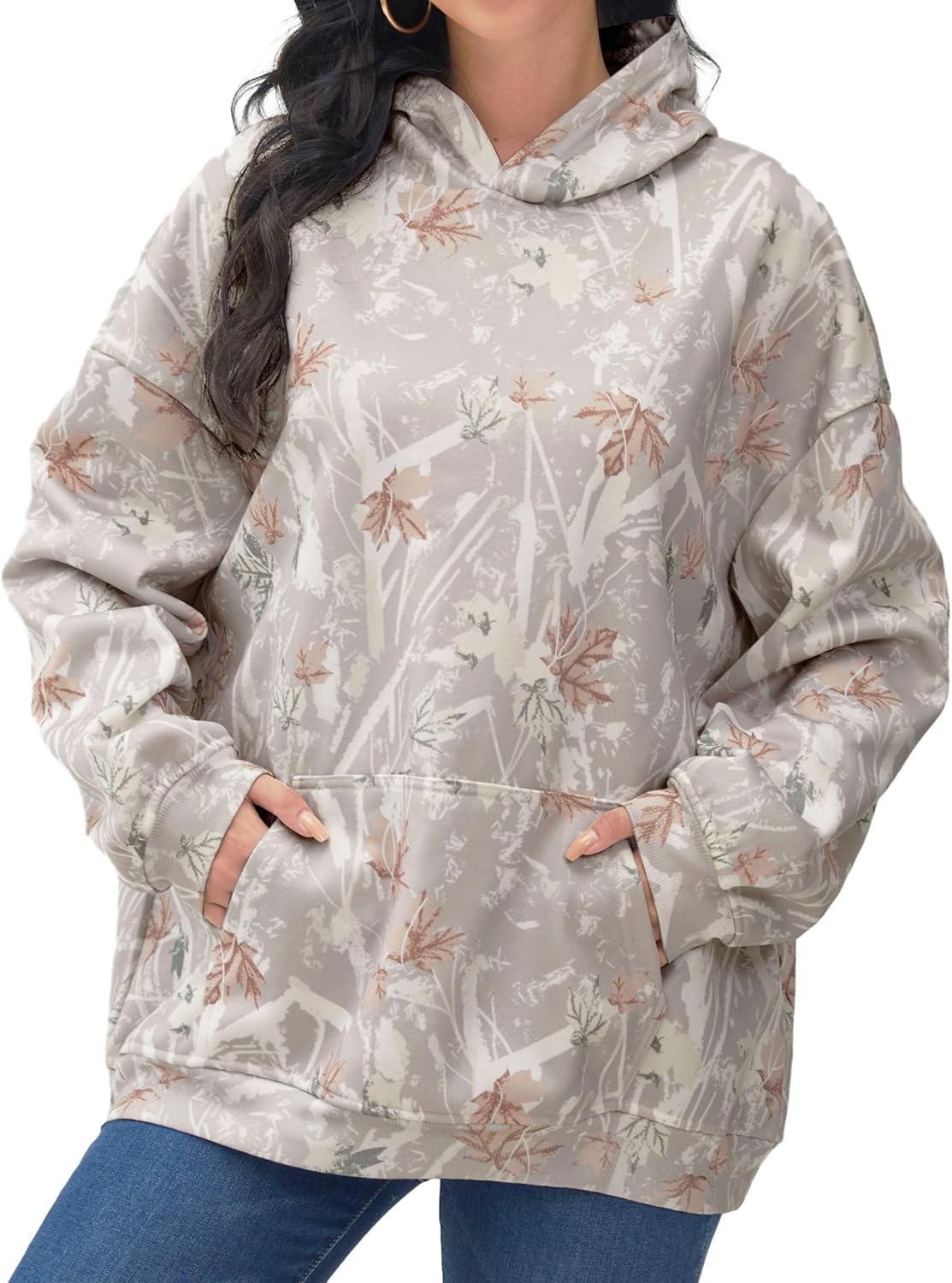 Anoumcy - Sudadera con capucha de camuflaje para mujer, con hoja de arce y forro de vellón, estilo holgado