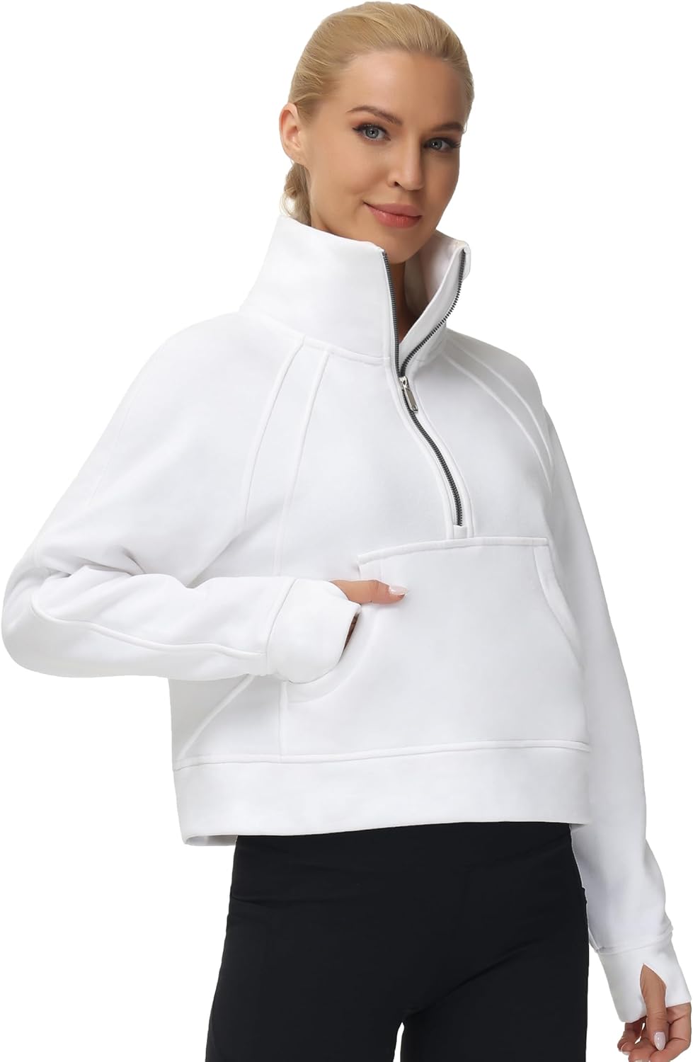 THE GYM PEOPLE Sudadera corta de forro polar con media cremallera para mujer con bolsillos y agujero para el pulgar | Crop sweatshirt with thumb hole, Functional pockets, Fleece Lined, Half zip sweatshirt for work, travel