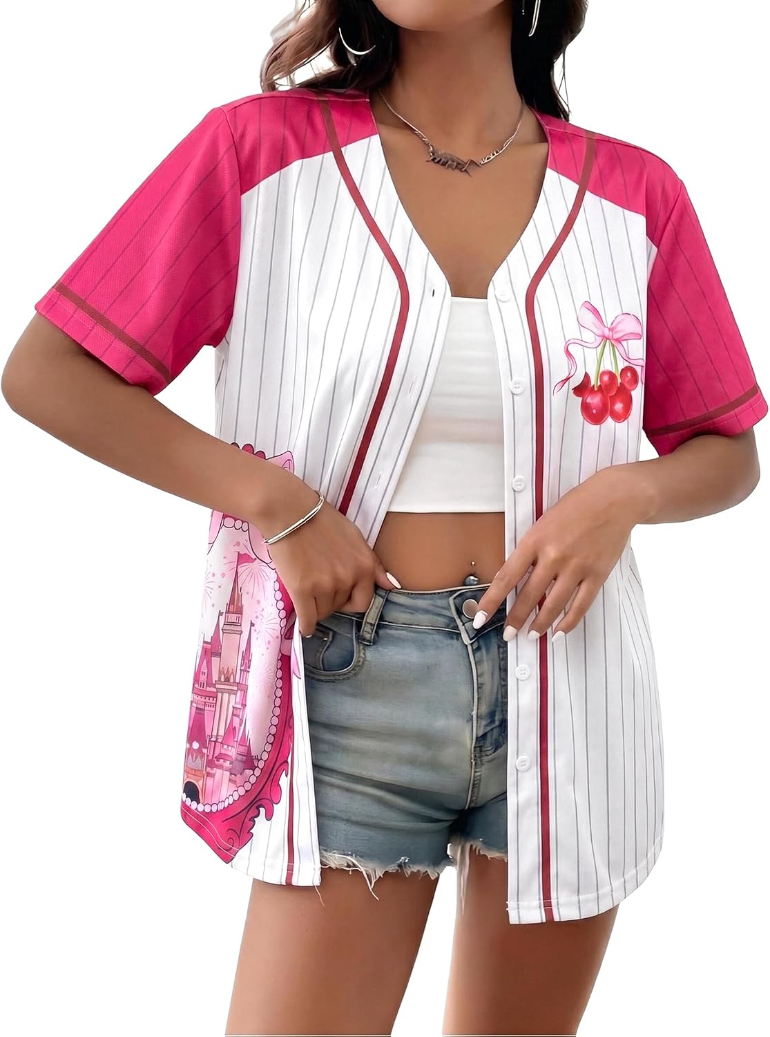 UNIQUEONE Camisa mágica para mujer, camiseta de béisbol, camisas hawaianas mágicas para vacaciones familiares con botones