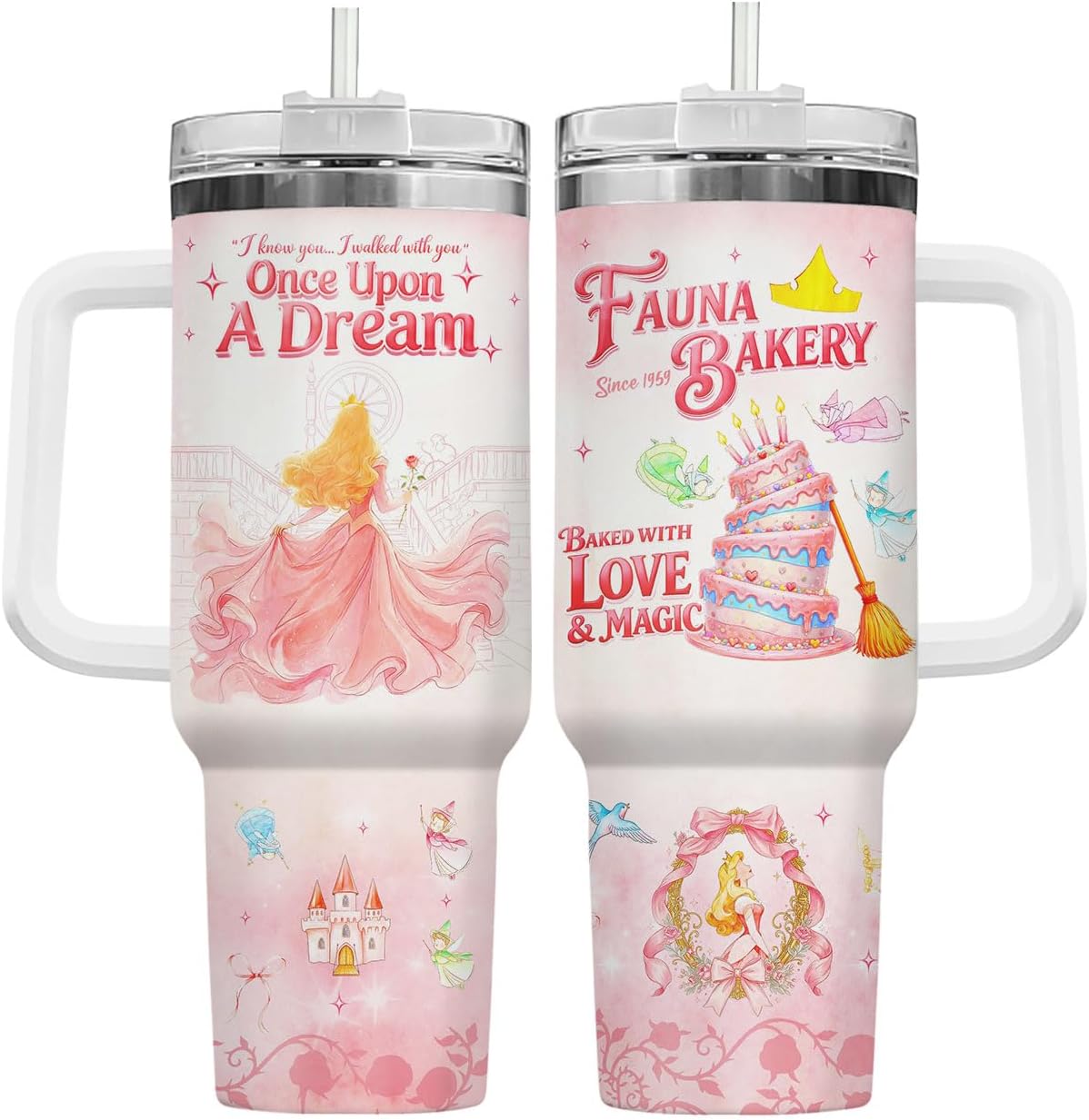 34HD Vaso de princesa rana de 40 onzas, taza de viaje aislada de acero inoxidable con asa y tapa con pajilla, regalo de cumpleaños, taza de películas de princesa de cuento de hadas para mujer