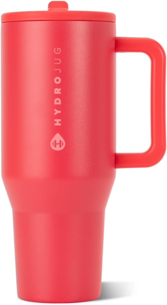 HydroJug Traveler - Botella de agua 32 oz con asa y pajilla abatible, apto para soporte para vasos, resistente a fugas, reutilizable, aislado, acero inoxidable y base de goma, unisex, rosado arena