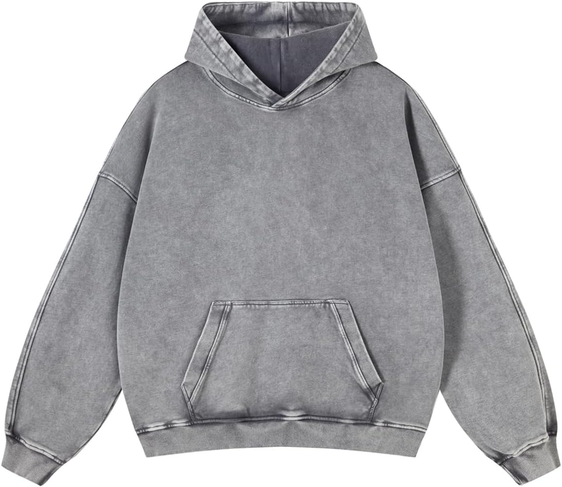 Adenorah Sudaderas con capucha de gran tamaño, para hombre, para otoño, con lavado ácido, liso, ropa urbana, de algodón, vintage
