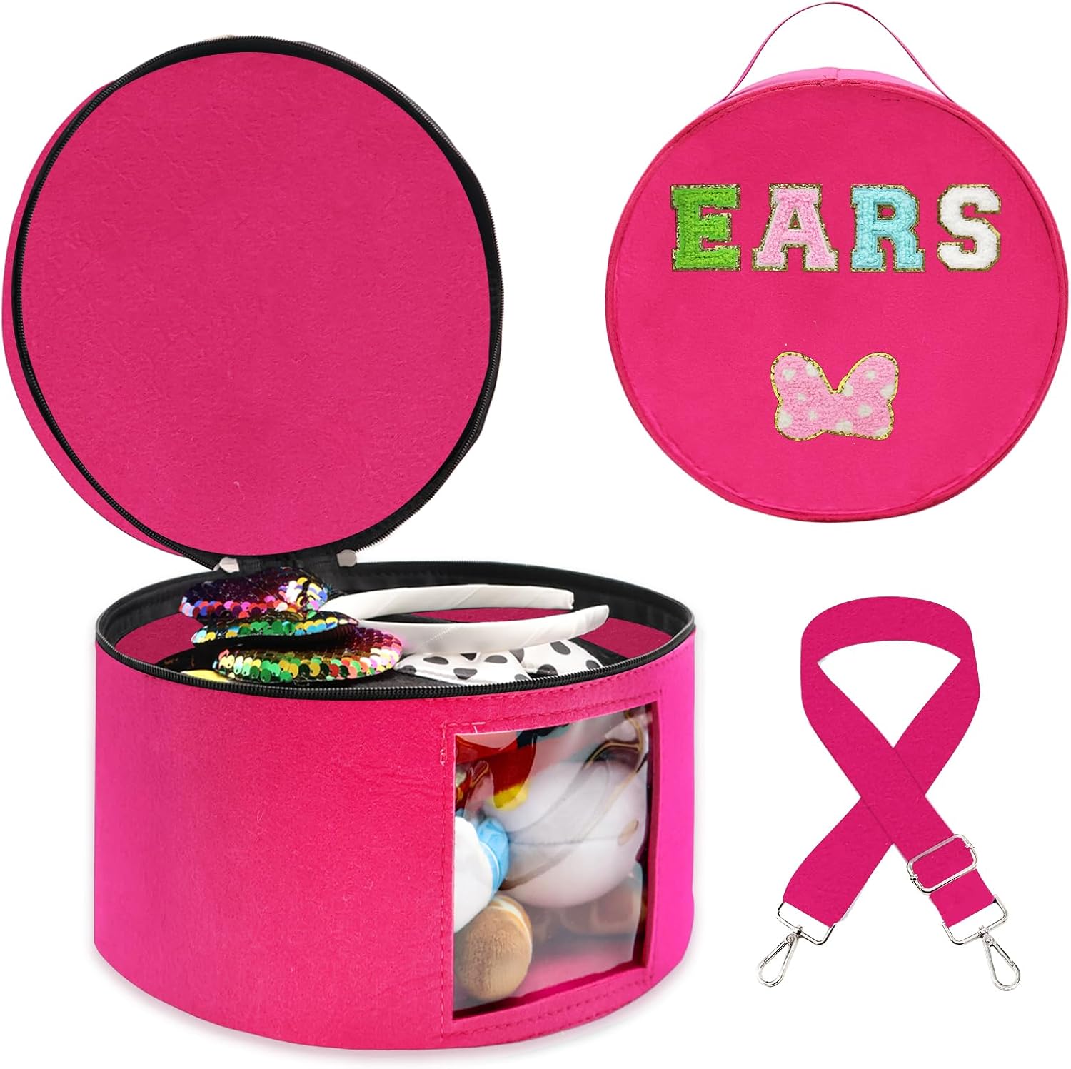 Caja de viaje con forma de orejas de ratón con moño de letras de chenilla, caja de almacenamiento con tiara redonda grande, caja de almacenamiento con exhibición de diadema y orejas para cintas para