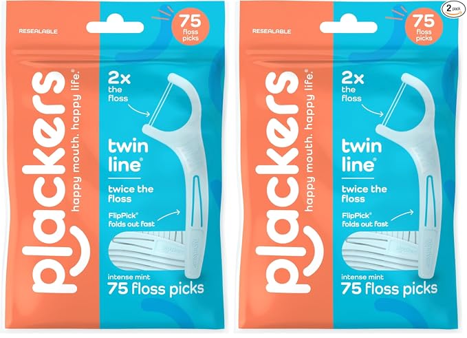 Plackers Twin Line - Púas de hilo dental de doble línea, fácil almacenamiento, sabor a menta fresca, 300 unidades