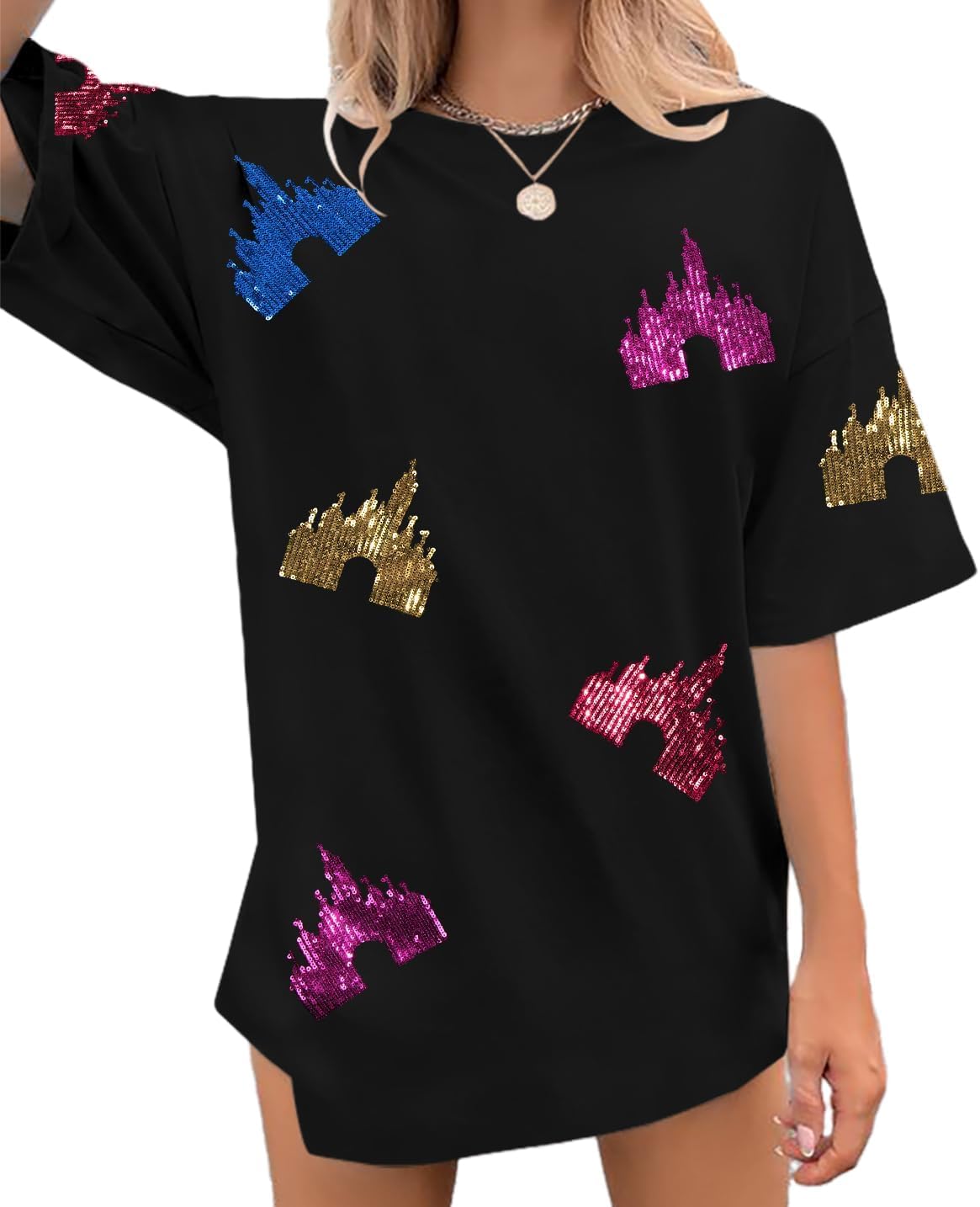 Camisas del Reino Mágico para Mujer, Top de Lentejuelas, Camiseta Gráfica de Castillo Colorido, Camiseta Divertida y Linda para Vacaciones Festivas