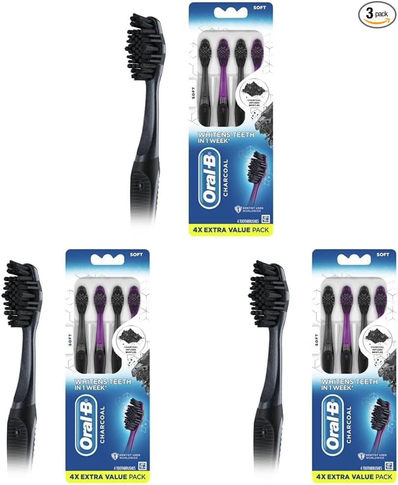 Oral-B - Cepillo de dientes manual 3D de carbón blanco, paquete de 2, cerdas medianas, cepillos blanqueadores de dientes para adultos