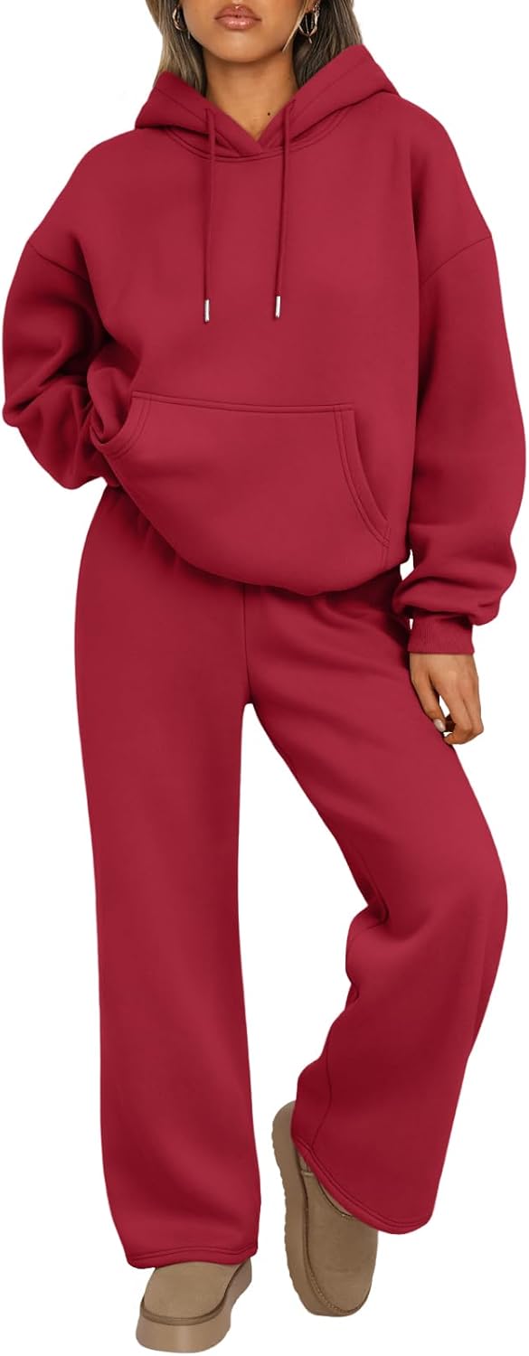 Trendy Queen Conjunto de dos piezas para mujer, ropa de descanso de otoño, conjuntos de moda con sudadera holgada y pantalones de pierna ancha, ropa de invierno | Oversized Drawstring Hoodies&Wide Leg Sweatpants Outfits