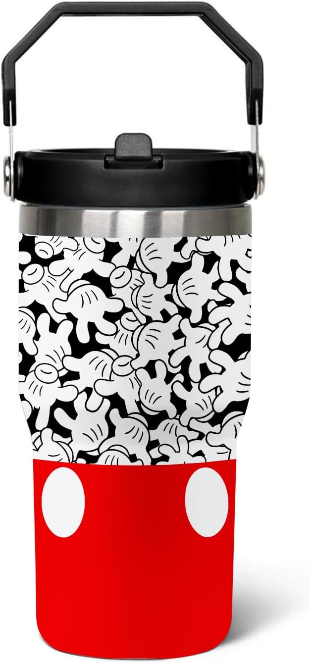 Taza de dibujos animados de ratón de 20 oz con tapa y popote abatible de acero inoxidable aislado con asa superior en la parte superior, color negro, taza de café para viajes - Regalo de