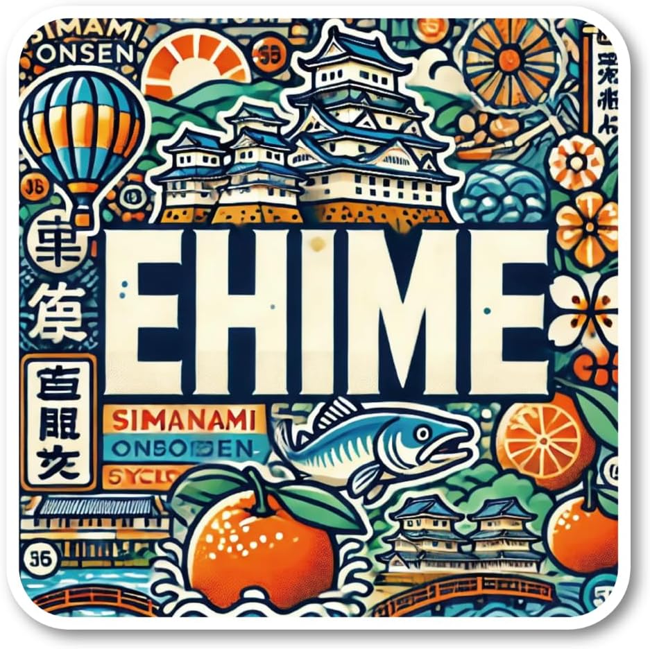 Shikoku Region China, Local Sticker Designed to depict Birdcastle, Shimane, Okayama, Hiroshima, Yamaguchi, Kagawa, Tokushima, Ehime, and Kochi. Ideal for Travel and Tourism Souvenirs, Suitcases, Laptops, Water Bottles
