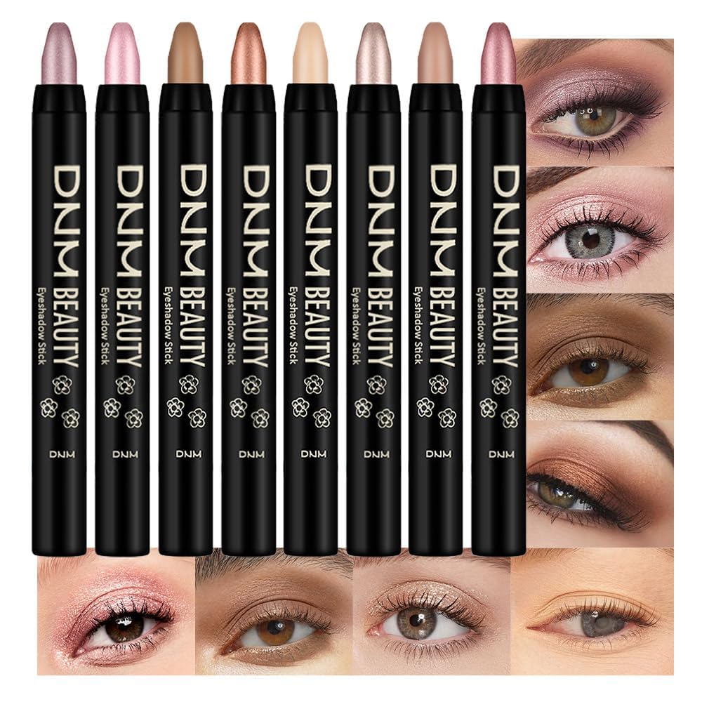 Juego de 8 piezas de barras iluminadoras de sombra de ojos en crema, champán perla gris topo bronce cacao piedra masilla amatista ahumada con brillo mate, lápiz delineador de ojos, barra aplicadora