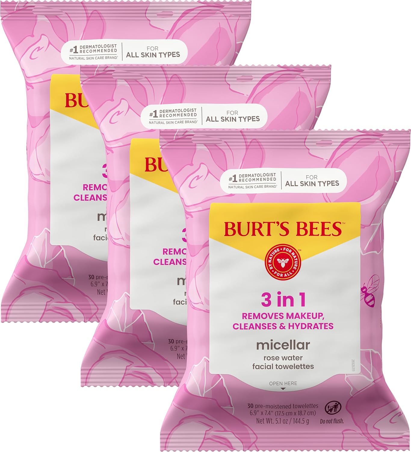 Burts Bees - Toallas faciales micelar de agua de rosas, 100% tela a base de plantas; 99% origen natural; quita el maquillaje, limpia, hidrata; sin residuos grasos y grasos; todo tipo de piel; 30 unidades, paquete de 3 (paquete puede variar)