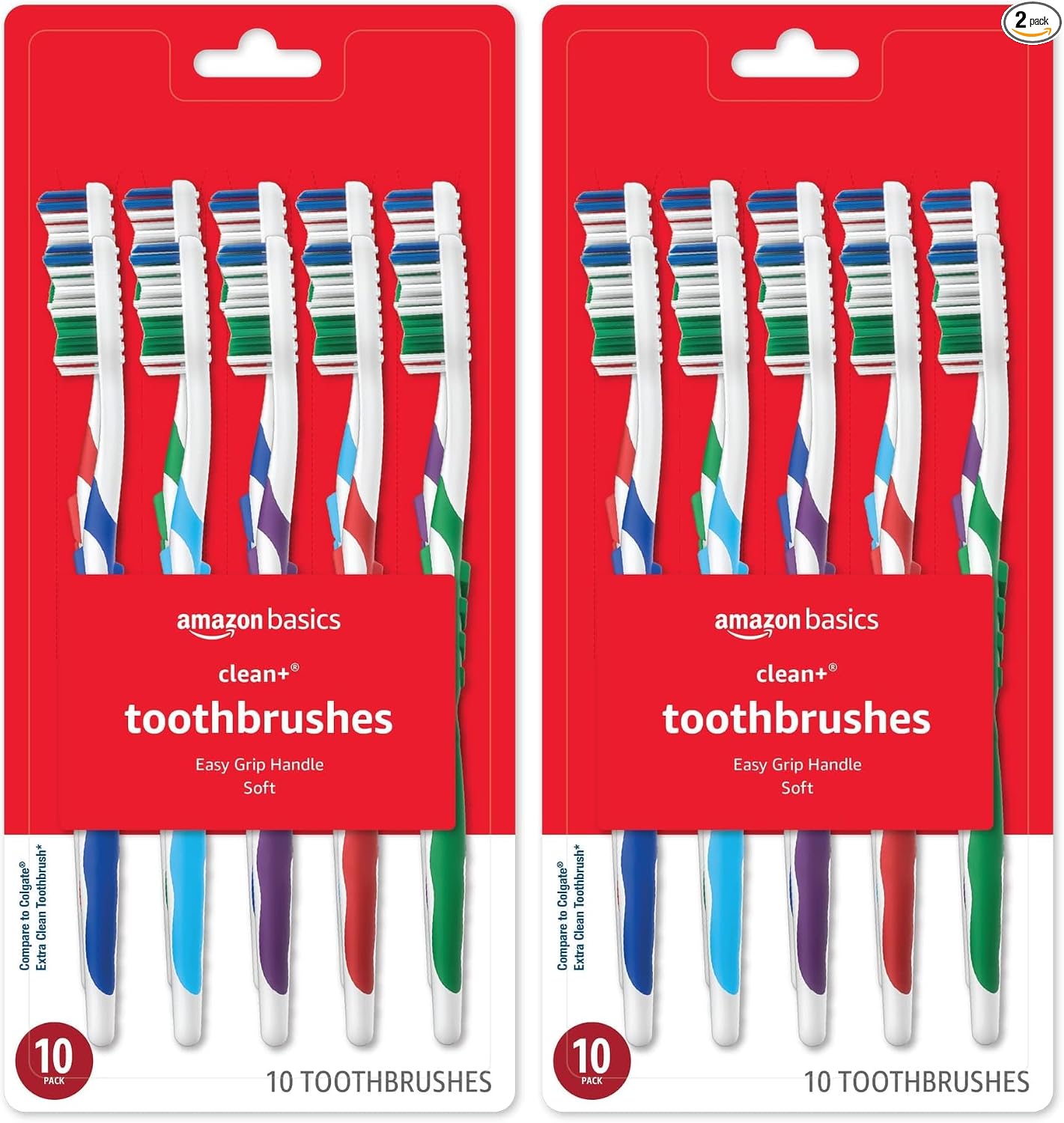 Basics Cepillos de dientes Clean Plus, suaves, completos, 10 unidades, 1 paquete (anteriormente Solimo)