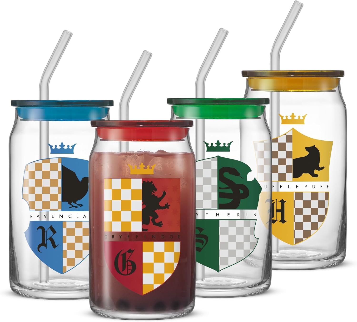 JoyJolt Tazas de vidrio con íconos de princesas Disney con tapas y popotes, tazas de vidrio de 16 oz con tapas y popotes con las princesas Jasmine, Ariel, Cenicienta y Bella, 4 piezas de vasos con