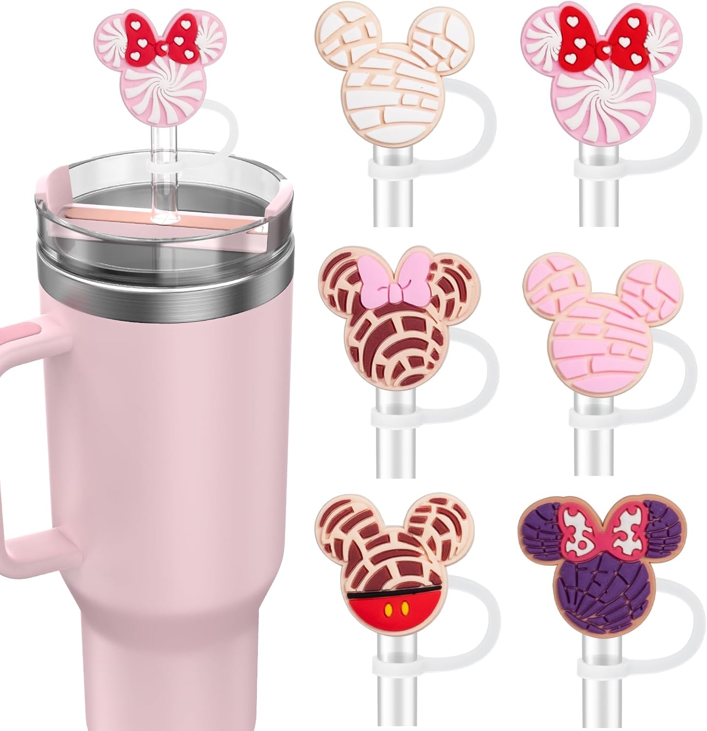 9 cubiertas de pajita para vaso Stanley Tumbler de 30 oz / 40 oz, tapas de pajita a prueba de fugas de 10 mm de silicona, lindas cubiertas para accesorios de vaso Stanley - Ratones rosados - 9 piezas