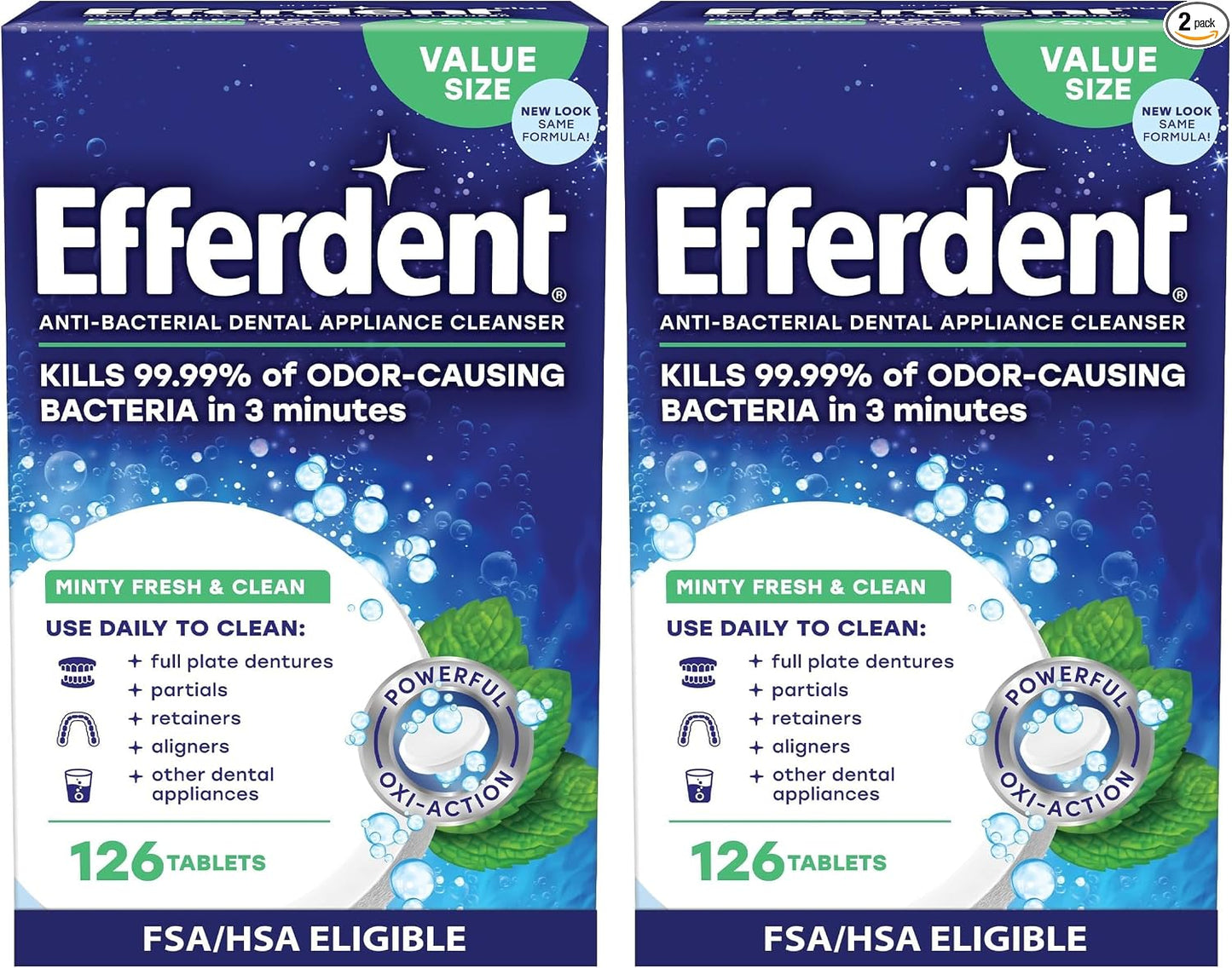Efferdent Denture Cleaner Tablets – Dental Appliances, Aligners, Mouth Guard, and Retainer Cleaner Tablets, Minty Fresh & Clean, 126 Count