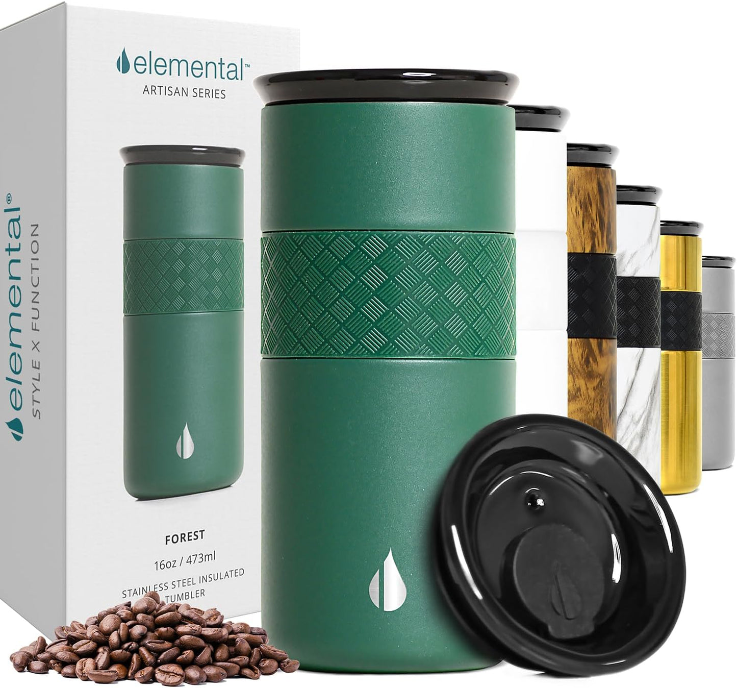 Elemental Vaso aislado artesanal, taza de viaje para café de triple pared, reutilizable, de acero inoxidable, con tapa de cerámica, tazas de café térmicas para bebidas calientes (6 horas) y frías (18 horas), 16 onzas, flores azules