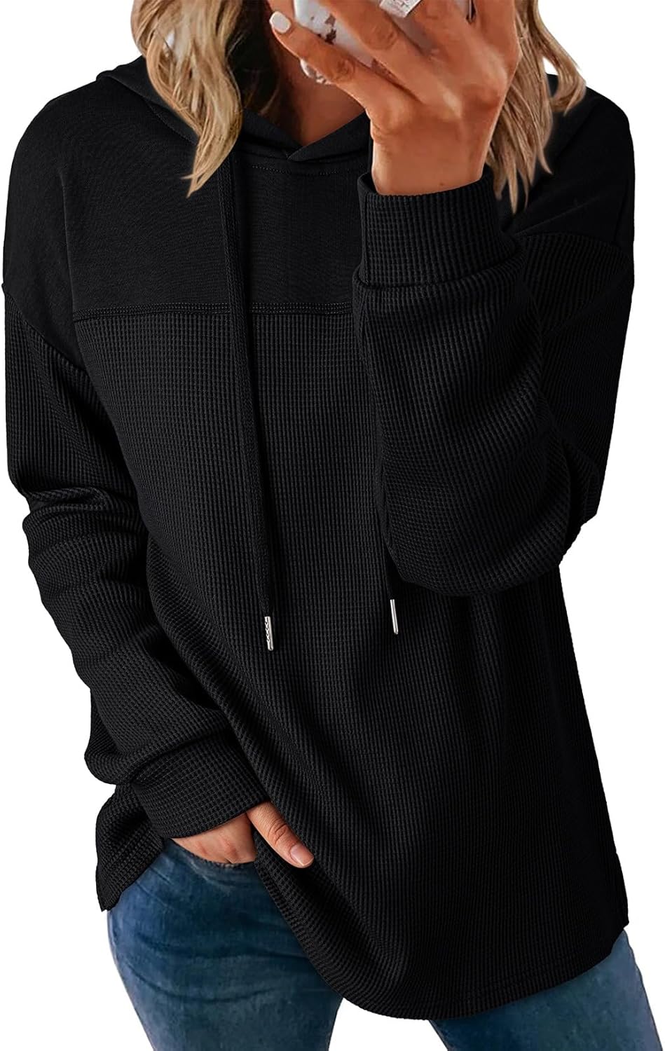 Dokotoo Sudaderas con capucha para mujer, de punto gofre, manga larga, con cordón, ligeras, con capucha