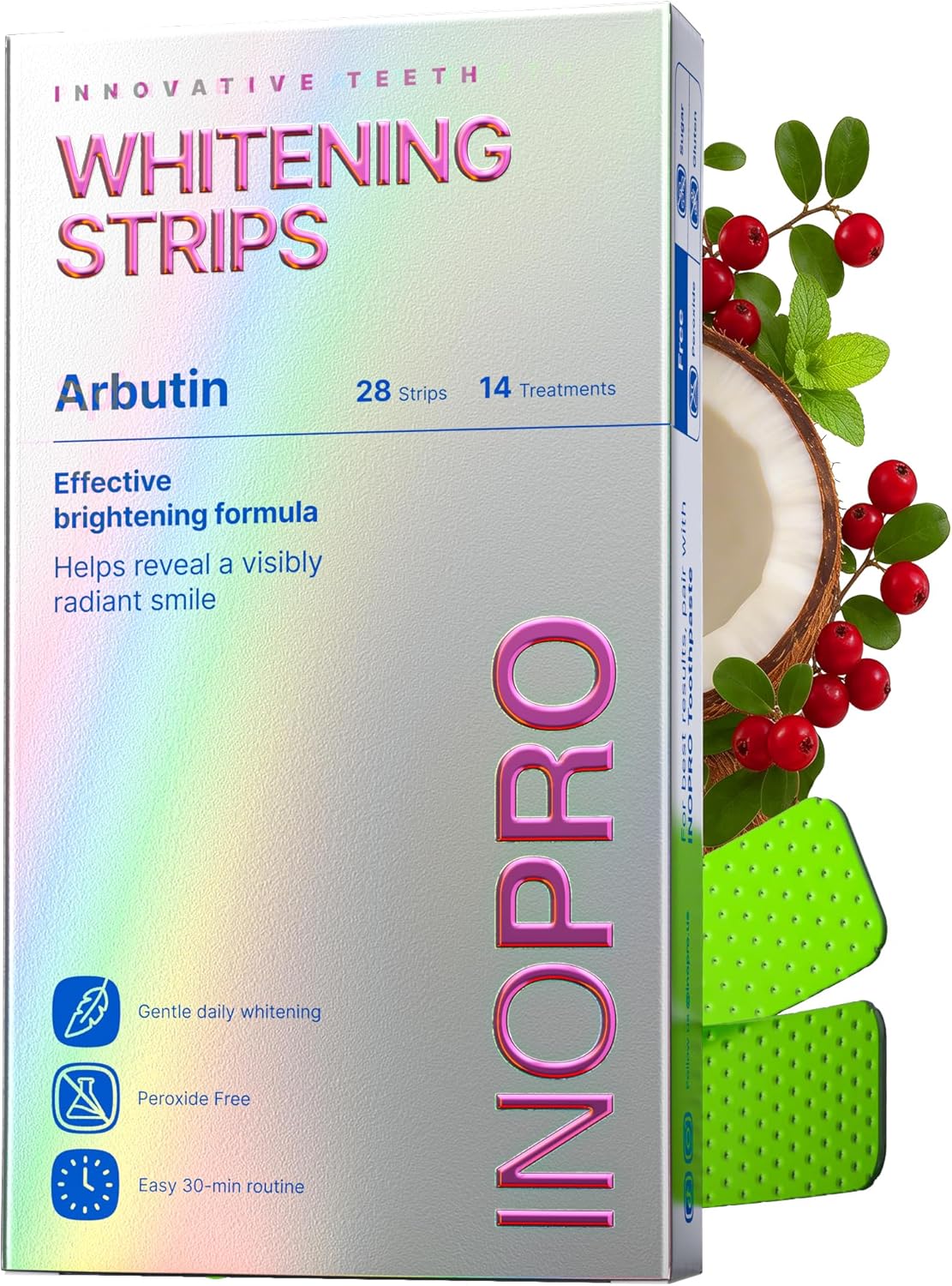 InoPro Kit de 14 Tratamientos de Tiras Blanqueadoras Dentales - Blanqueador Dental Seguro para el Esmalte, Sin Peróxido, Tiras Verdes y Blancas para Blanqueamiento Dental con Arbutina, Aceite de Coco