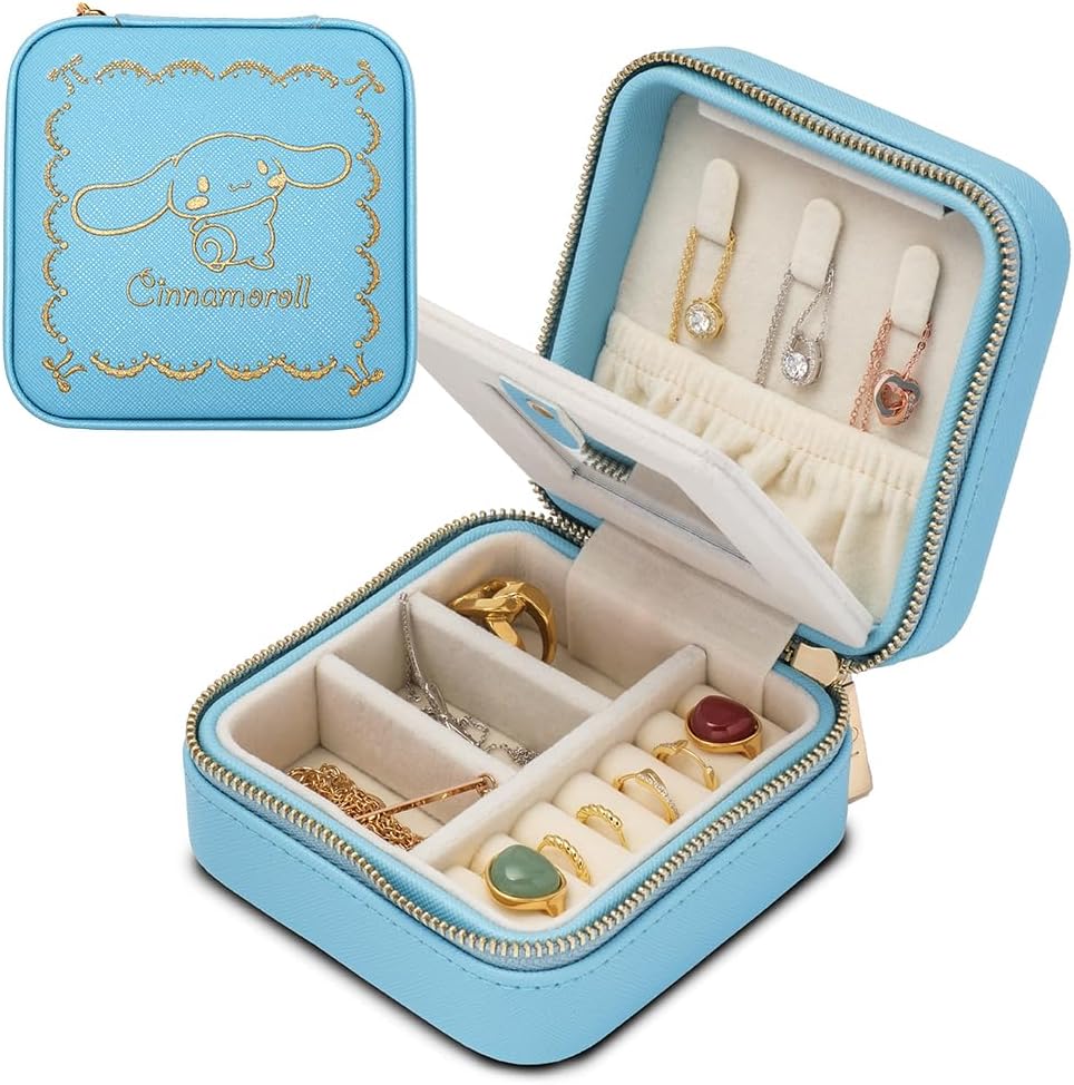 L'a Poume Sanrio Jewelry Case, Accessory Case, Ring Case, Medium Size, Compact with Mirror, Portable, Travel, Business Trip (Hello Kitty (Off-White)