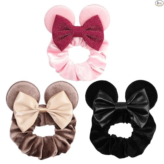 Coleteros de Cabello de Terciopelo con Lentejuelas Brillantes y Lazos de Orejas de Ratón - Paquete de 4 Accesorios Elásticos para el Cabello para Mujeres, Niñas, Niños, Cosplay, Vacaciones, Fotografía