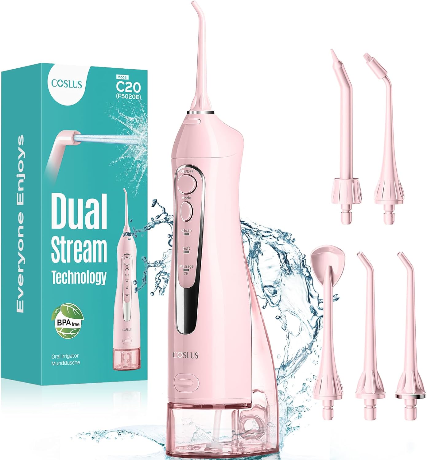 COSLUS ADA Accepted Water Dental Flosser Teeth Pick C20: Portable Cordless Oral Irrigator 300ML Rechargeable Travel Irrigation Cleaner IPX7 Waterproof Electric Flossing Machine, Professional Set Black