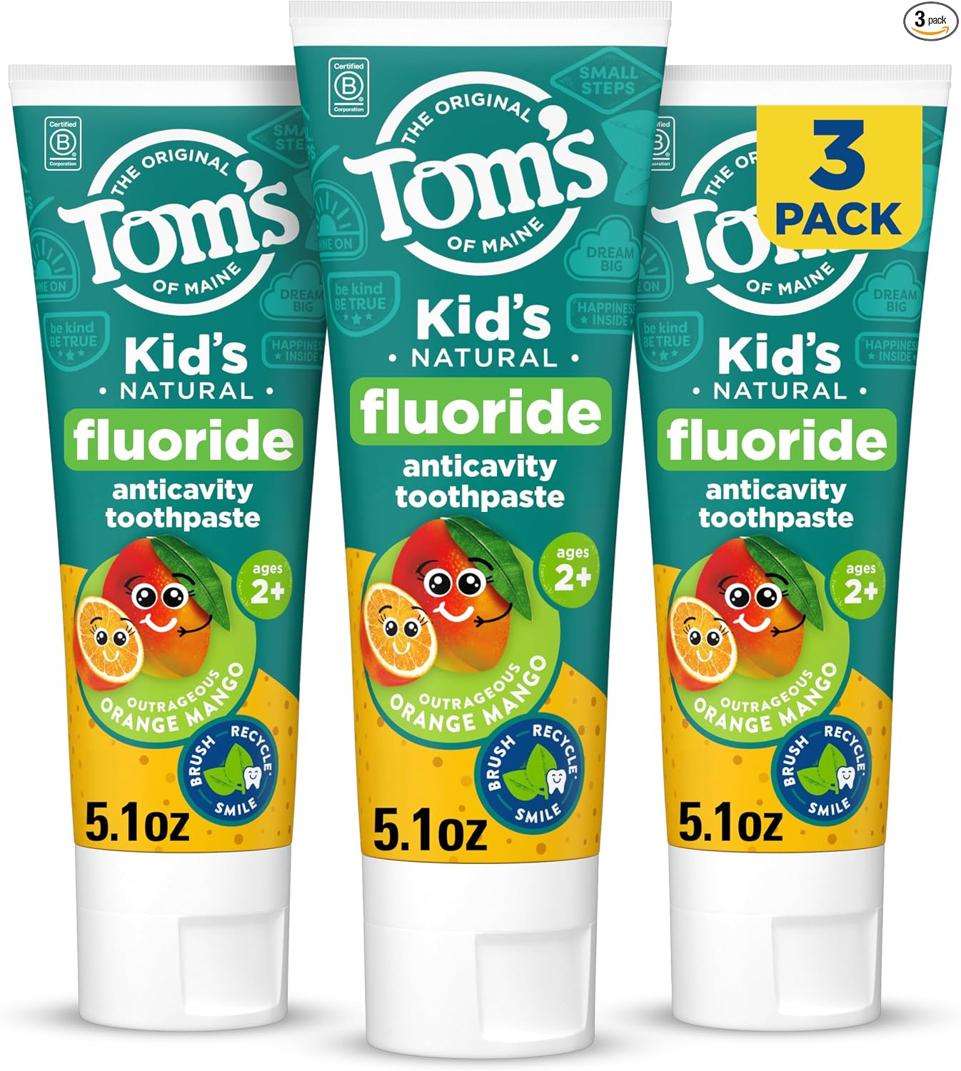 Tom's of Maine Pasta dental con flúor aprobada por la ADA, pasta de dientes natural, sin tintes, sin conservantes artificiales, fresa tonta, 5.1 onzas, paquete de 3 (el embalaje puede variar)