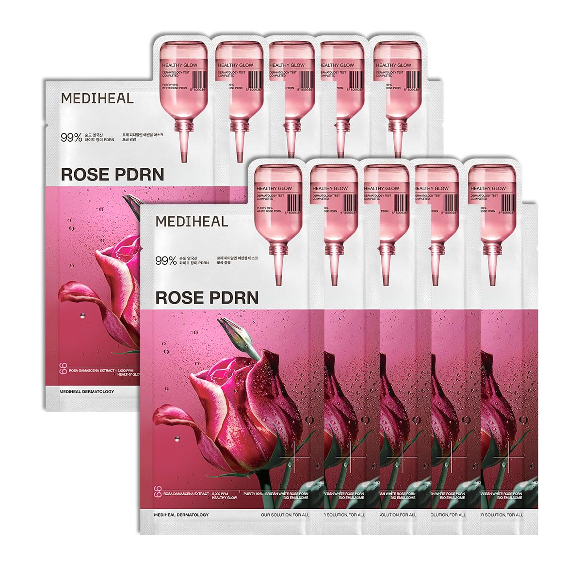 Mediheal Máscara de hoja esencial Madecassoside Reparación de imperfecciones 10 piezas. 98% pureza Madecassoside y ácido hialurónico incluidos. Mejora de la barrera de humedad y cuidado de la textura