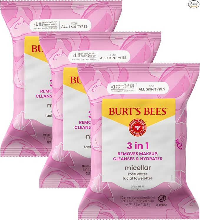 Toallitas faciales Burt's Bees de limpieza facial, toallitas desmaquillantes, limpiador micelar hidratante 3 en 1 con agua de coco y loto, 90 unidades (el embalaje puede variar)