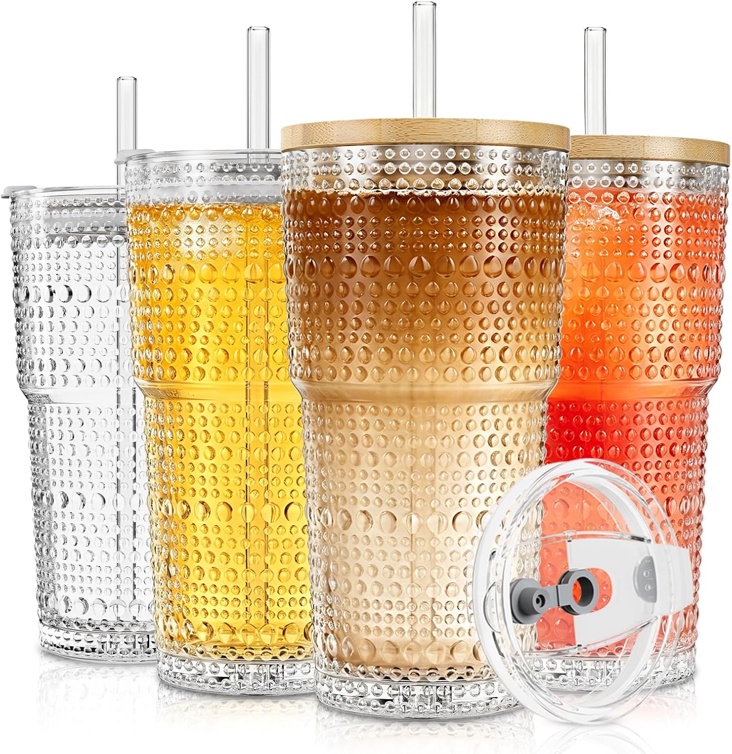 SoulTimes Juego de 2 vasos de vidrio acanalados y florales de 20 onzas, vasos de vidrio reutilizables con tapa y popote de vidrio, tazas de café helado para agua, batido, leche, cóctel y más, perfecto