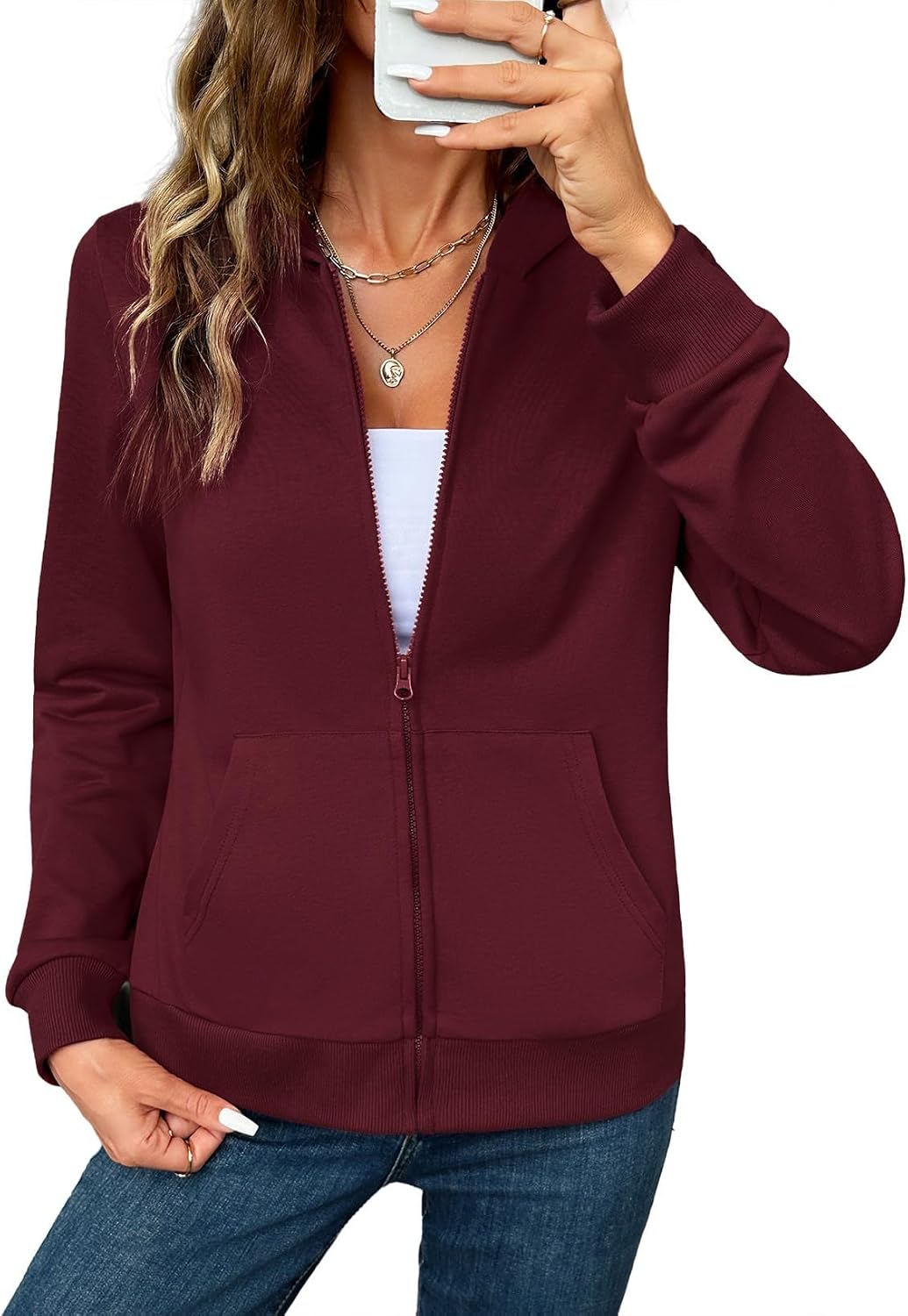 SHEWIN Sudadera con capucha y cremallera completa para mujer, ligera, suave, manga larga, con capucha, casual, con bolsillos, moda de otoño 2026