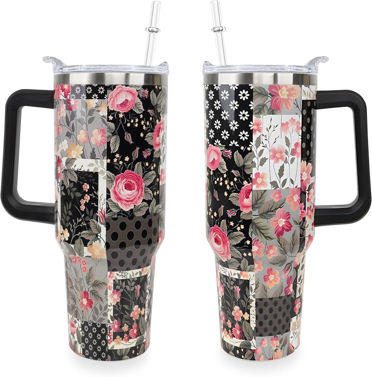 Sunmdecor Vaso de 40 onzas con asa y pajitas de silicona, vaso aislado de café con asa, vaso de 40 onzas con asa