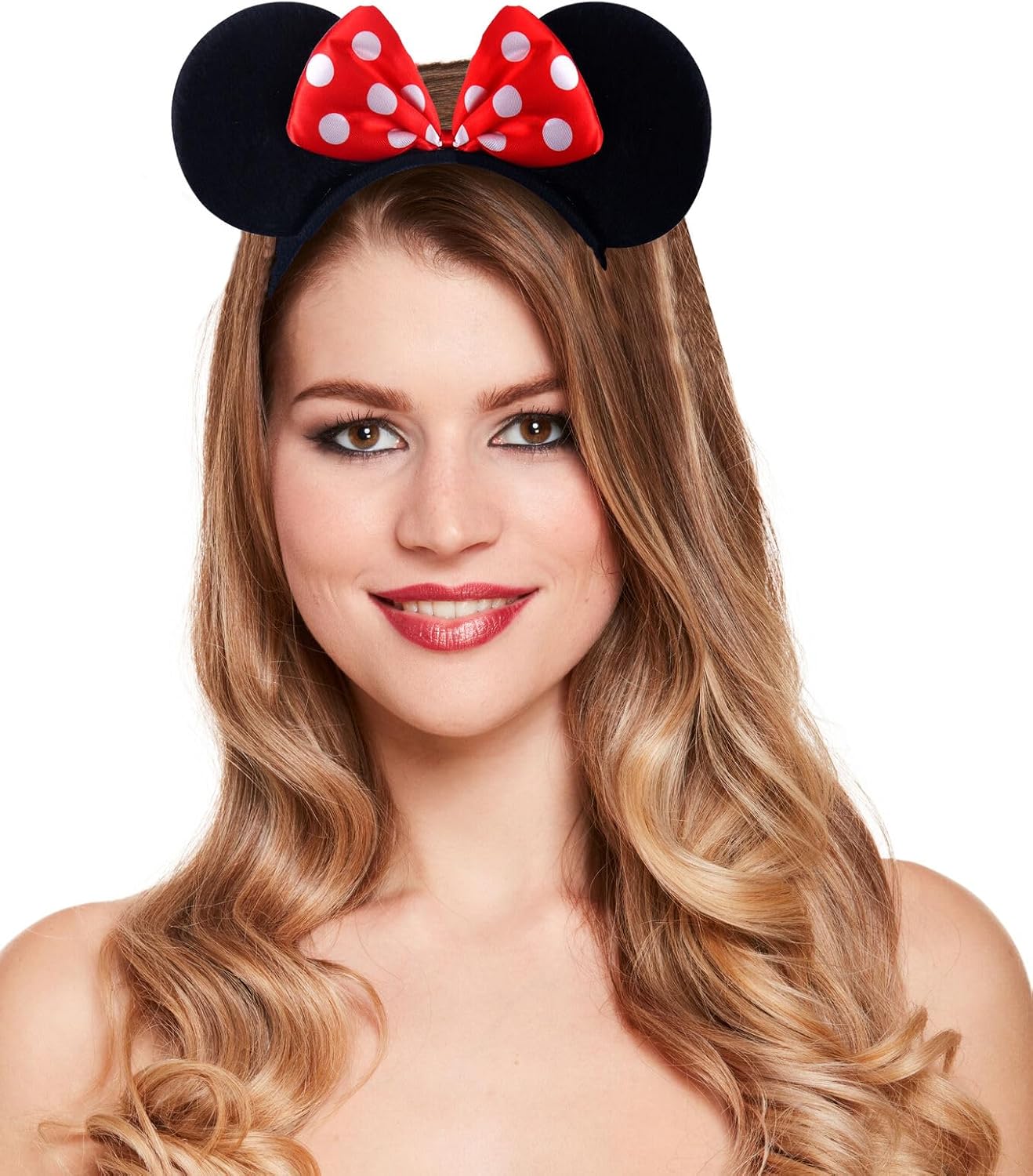 HENBRANDT Black Mickey Mouse Ears and Minnie Mouse Ears on Headband with Red and White Polka Dot Bow for Adults/Kids - Fancy Dress Accessory - Party Decoration Gift -